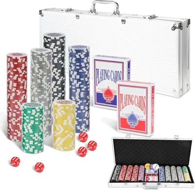 Produktbild von EINFEBEN Pokerchips Kartenspiele Pokerkoffer 300 Chips Laser Pokerchips Poker 11.5 Gramm , 2 Karten, 5Würfel, mit Aluminium-Gehäuse  Silber Koffer
