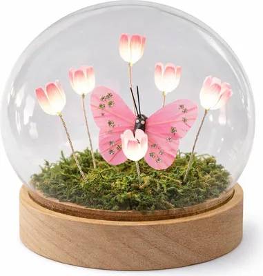 Produktbild von LED Deko Kugel Blumen Schmetterling Glaskugel Rosa mit Holzsockel Timer