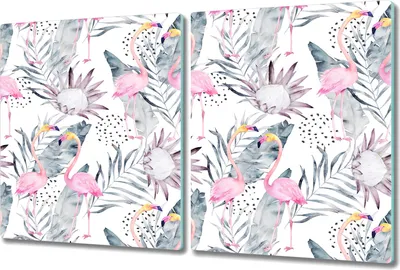 Produktbild von Glas-Herdabdeckplatte Glaskeramikkochfeld-Abdeckung Spritzschutz - 2x 40x52 cm - Flamingos & Pflanzen