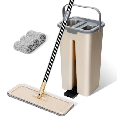 Immagine prodotto di Mocio con strizzatore, 2 contenitori, 3 panni in microfibra, color beige, per la pulizia dei pavimenti