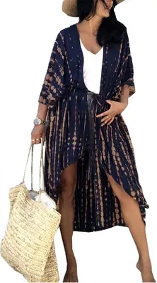Produktbild von Boho Kimono für Damen – Einheitsgröße – Dunkelblau – Oversized Strandkleid