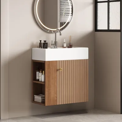 A modern bathroom vanity with a sink and mirror.
