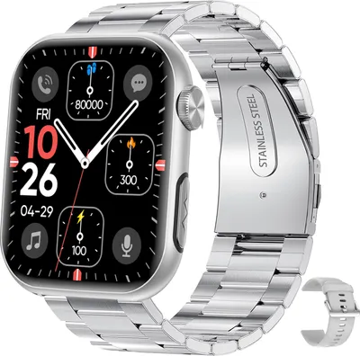 A smartwatch with a metal band is displayed against a white background. The watch face shows various metrics and the time.