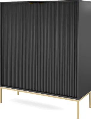 A black cabinet with gold legs and handles, shown from the front.