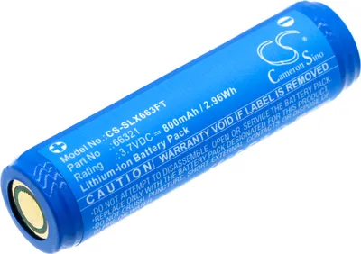 A blue cylindrical battery with white text and a logo.