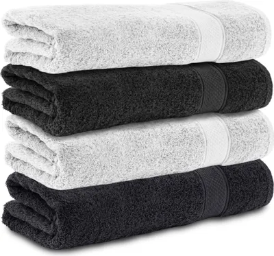 Produktbild von Komfortec 4er Duschtücher 70x140 cm Set aus 100% Baumwolle, 470g/m², Frottee, Weich, Schwarz/Weiß