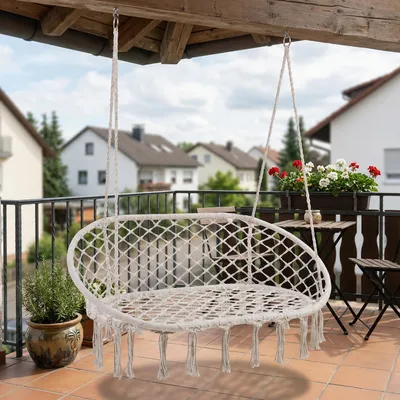 Produktbild von Hängesessel 'Kailua' für 2 Personen 135 x 129 x 65 cm bis 200 kg Indoor Outdoor Boho Stil Cremeweiß