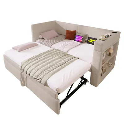 Produktbild von Polstertes Daybett 90x200 cm,Einzelbett Schlafsofa mit Ausziehbett, ohne Matratze