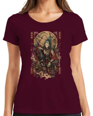 Produktbild von Samurai Ronin Katana Drache Japan Krieger Anime Tattoo Y2K Manga Damen T-Shirt, Burgundy, M