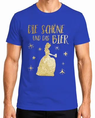 Productafbeelding van "Schoonheid en het Bier" - Prinses Goud Glitter - Vrijgezellenfeest - Sprookjesachtig -   - Heren T-shirt, Blauw, Maat S