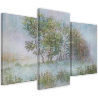 Obrázok produktu pre Triptych na plátne stromy na hmlistej lúke 60x40 cm Feeby zelená maľba na stenu pripravené na zavesenie