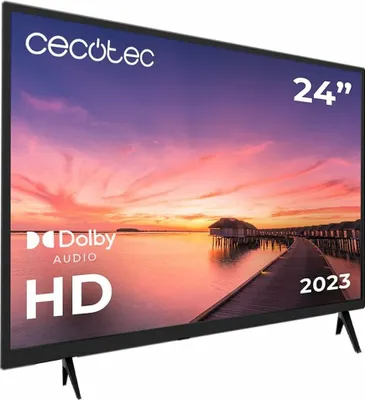 A television screen displaying a scenic sunset over water with a pier and huts.