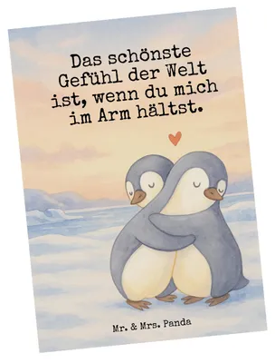 Produktbild von Mr. & Mrs. Panda Ansichtskarte Pinguine Kuscheln Design - Weiß - Geschenk, Kunstkarten, Postkarte, für Freundin, Frauen, Valentinstag, Hochzeitstag, Grußkarte, Freund