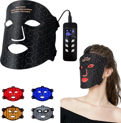Produktbild von LED Gesichtsmaske mit 4 Wellenlängen (630nm, 590nm, 460nm, 850nm) – Lichttherapie gegen Akne, Falten & Hautstraffung – Flexibel & Akku-betrieben