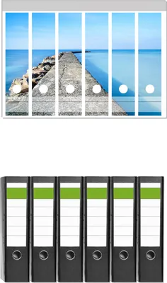 Produktbild von Wallario 6 Stück breite Ordner inkl. Klebeetiketten mit Motive Pier am blauen Ozean mit blauem Himmel -  Set mit Rückenschildern / Ordnerrücken Stickern