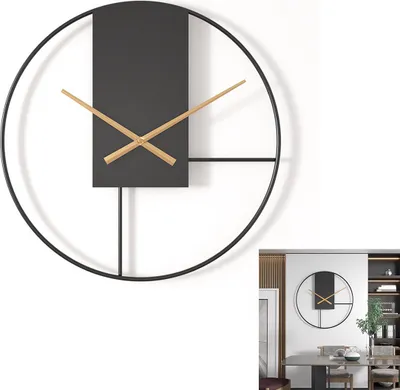 A minimalist wall clock with a black frame and a black rectangular face with wooden hands, shown against a white background. A smaller inset image shows the clock in a room setting.