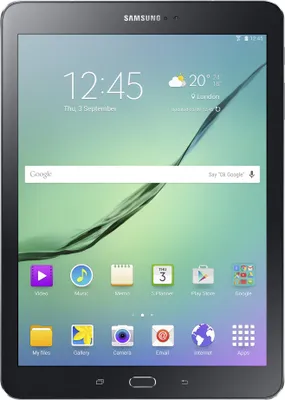A Samsung Galaxy Tab S2 9.7 LTE T819N 32GB tablet is displayed front-on, showing its home screen with various app icons and widgets.