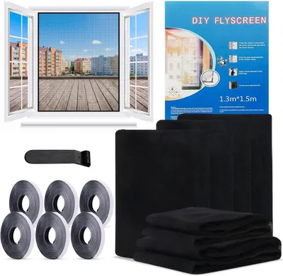 Produktbild von 6 Stück Moskitonetze für Fenster - 130 x 150cm - selbstklebend - Klettband zuschneidbar - Insektenschutz Fensternetz Fliegengitter  - Schwarz