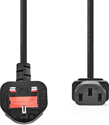 Produktbild von Nedis Stromkabel - UK Stecker - IEC-320-C13 - Abgewinkelt - Gerade - Vernickelt - 3.00 m - Rund - PVC - Schwarz - Label
