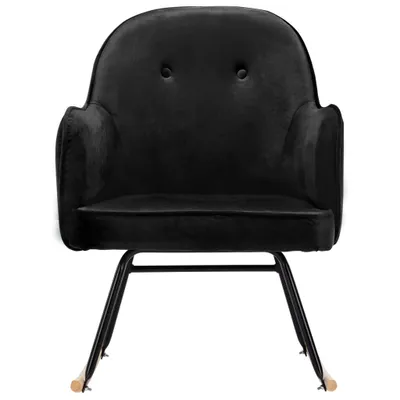 A black velvet rocking chair with metal legs and wooden feet, shown from the front against a white background.