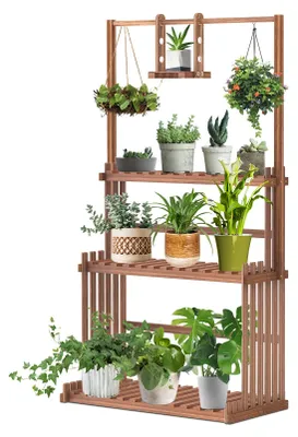 Produktbild von Blumenständer aus Holz, 3-stöckiger Pflanzenständer, mehrstufiges Pflanzenregal aus Holz, Holzregal für drinnen und draußen, Garten/Balkon, 79 x 36,5 x 145 cm