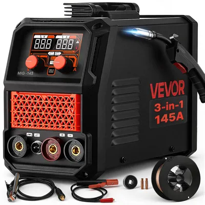 Produktbild von VEVOR 145A MIG-Schweißgerät 3-in-1 Lift-TIG/ Gaslos-Fülldraht/MMA-Schweißen, Trgabare Schweißmaschine für Werkstatt Garage Heimwerker, IGBT-Inverter, Synergiesteuerung, Digitalanzeige, Überlastschutz