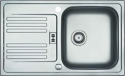 A top-down view of a stainless steel kitchen sink with a drainboard.