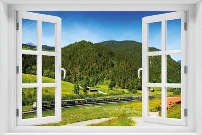 Produktbild von Wallario Wandbild aus Acryl, 60 x 90 cm, freischwebende Optik - Eisenbahn in einer Sommerlandschaft in der Schweiz mit Fenster-Illusion