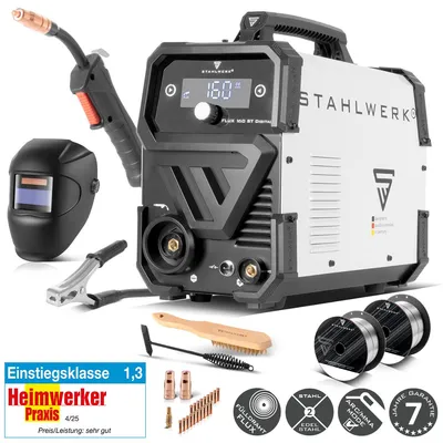 Produktbild von STAHLWERK Schweißgerät FLUX 160 ST Digital – Vollausstattung – 3-in-1 Kombi mit 160 A, Fülldrahtschweißen ohne Gas, MMA (E-Hand/ARC), Lift-TIG (DC), KI-generiertes Bild