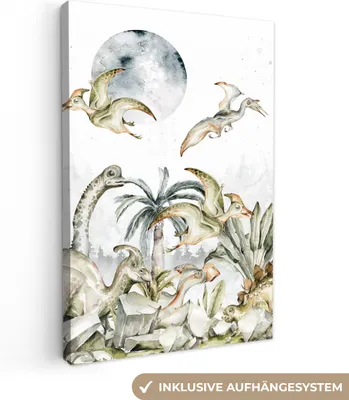 Produktbild von MuchoWow® - Leinwandbilder - Dinosaurier - Kinder - Dschungel - Grün - Tiere - Natur, Wandbild, Wanddeko Bilder Wohnzimmer, 80x120 cm