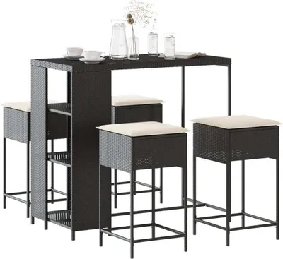 Produktbild von Möbel 5-tlg. Gartenbar-Set mit Kissen Schwarz Poly Rattan - Gartenmöbelgarnituren 3261493