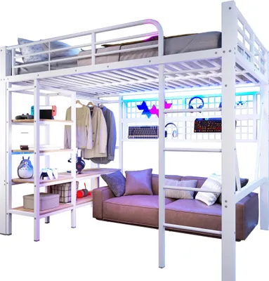 Zdjęcie produktu dla Łóżko piętrowe 140 x 200 cm – metalowa rama – z szafą – schowkiem – siatką do wieszania – listwą LED – bez materaca – białe