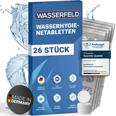 Produktbild von WASSERFELD® Wasserhygienetabletten - Germany - NSF- - 10 Jahre wirksam - Trinkwasseraufbereitung - Trinkwasserdesinfektion
