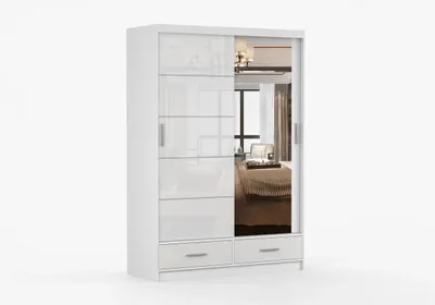 Produktbild von FRENCE Schwebetürenschrank Kleiderschrank 150 cm Weiß Hochglanz mit Spiegel, Schubladen, Schiebetürenschrank Schlafzimmer