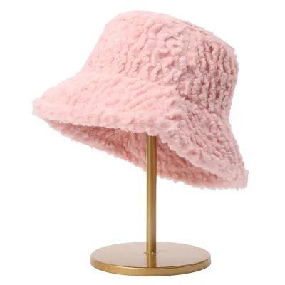 Produktbild von Fischerhut für Damen, Herbst/Winter, flache Oberseite, breite Krempe, dick, weicher Plüsch, einfarbig, Sonnenschutz, winddicht, warm, dekorativ, tiefe Eimermütze für die Dame, Winter-Kopfbedeckung, Rosa