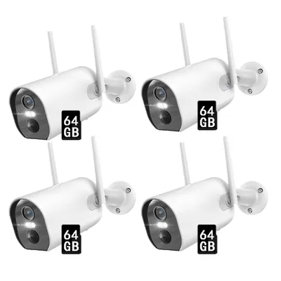 Image de set de 4 caméras de surveillance extérieur/intérieur WLAN vision nocturne avec détecteur de mouvement PIR avec carte TF 64GB