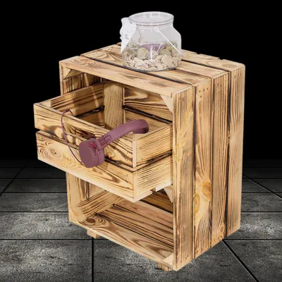 Produktbild von 1x GEFLAMMTER NACHTSCHRANK mit Schublade, einem Fach und auf Füßen / NEU / 30,5x40x54 cm