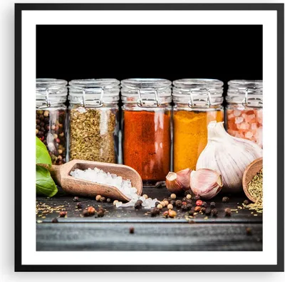 Produktbild von Gerahmtes Poster - Schwarzer Rahmen - Gewürze Knoblauch Holz Salz - 60x60 cm - Wand Bild - Wanddeko - Wandbilder - Wandposter - Bilderrahmen - Bilder - Kunstdruck - Wandbild - P2BAC60x60-2896