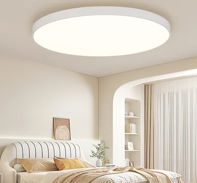 A modern bedroom with a white ceiling light fixture.