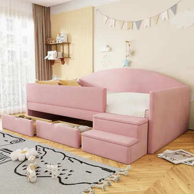 Zdjęcie produktu dla Łóżko tapicerowane, rozkładane na sofę, o wymiarach 90x190 cm, z 2 szufladami, tapicerowanym barierą ochronną, antypoślizgowymi stopniami i obiciem z weluru, kolor różowy