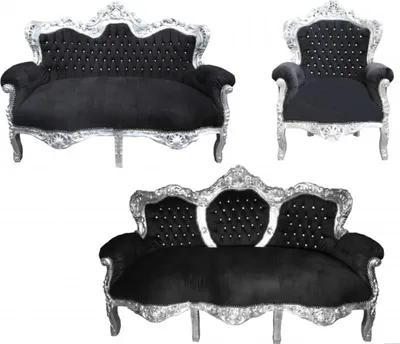 Casa Padrino Barock Wohnszimmer Set Sofa Baroque Furniture Lounge Armchair Chair Arm Chairs Sessel Couch Schwarz Silber Black Silver Furniture Interior