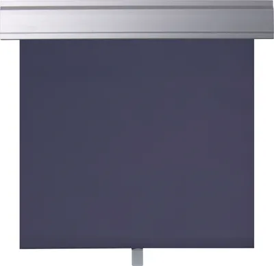 A dark blue roller blind with a silver top bar, presented on a white background.