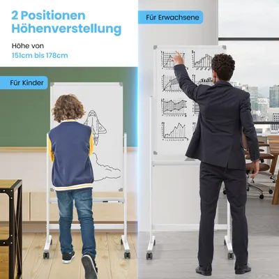 Immagine prodotto di Lavagna mobile bifacciale COSTWAY, 60 x 90 cm, lavagna magnetica regolabile in altezza con ruote, supporto e portapenne, accessori inclusi per scuola, ufficio, casa (bianco)