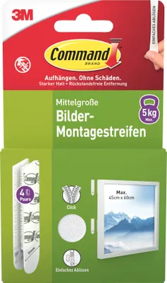 Produktbild von Command™ Bilder-Montage-Strips, Weiß, Medium, 4 Paare, Selbstklebend ohne Bohren