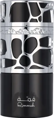 A black perfume bottle with a silver decorative cage-like overlay.