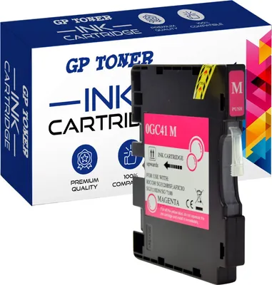 A magenta ink cartridge and its packaging are shown.
