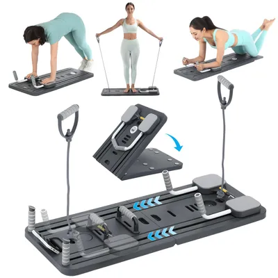 Produktbild von Faltbares Pilates Board Set, Multifunktionales Fitnessboard mit Widerstandsbändern & Griffen, inkl. Timer & Yogapad, kompakt für Zuhause Training