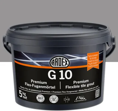A dark gray bucket of ARDEX G10 Premium Flexible tile grout against a light gray background.