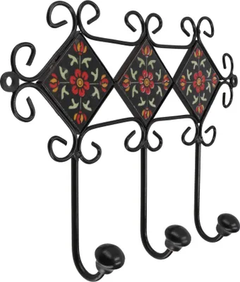 Produktbild von Dreier Garderoben Haken, Boho Wandhaken mit Fliesen, Vintage Kleiderhaken, Handtuchhalter - Modell 7, Blau, Keramik,Metall, 21*28*6 cm, Wandhaken aus Holz, Metall & Keramik