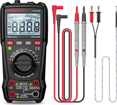 Produktbild von HABOTEST HT135A Multifunktionales Digitalmultimeter, LCD-Farbdisplay, Handmultimeter, 4000 Echteffektivwerte, professionelle Spannung, Strom, Kapazitaet, Widerstand, Frequenz, Temperatur, Diode, Kontinuitaet, NCV-Testmessgeraet mit Taschenlampenbeleuchtung und automatischer Abschaltfunktion fuer Heimwerker- und elektronische Tests
